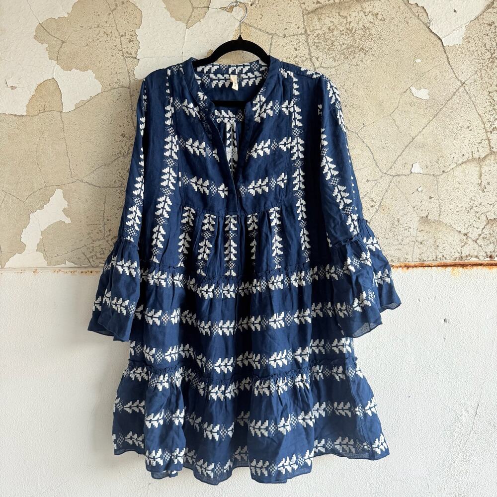 Elan Boho Embroidered Cotton Mini Dress Navy Tiered Cottagecore Indie‎ M - Picture 2 of 8